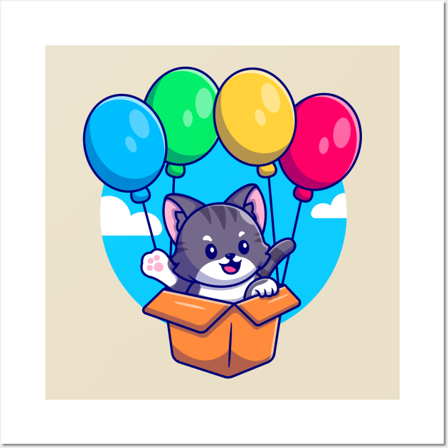 Cute Cat Flying With Cardboard Box And Balloon Cartoon Wall Art by Catalyst Labs